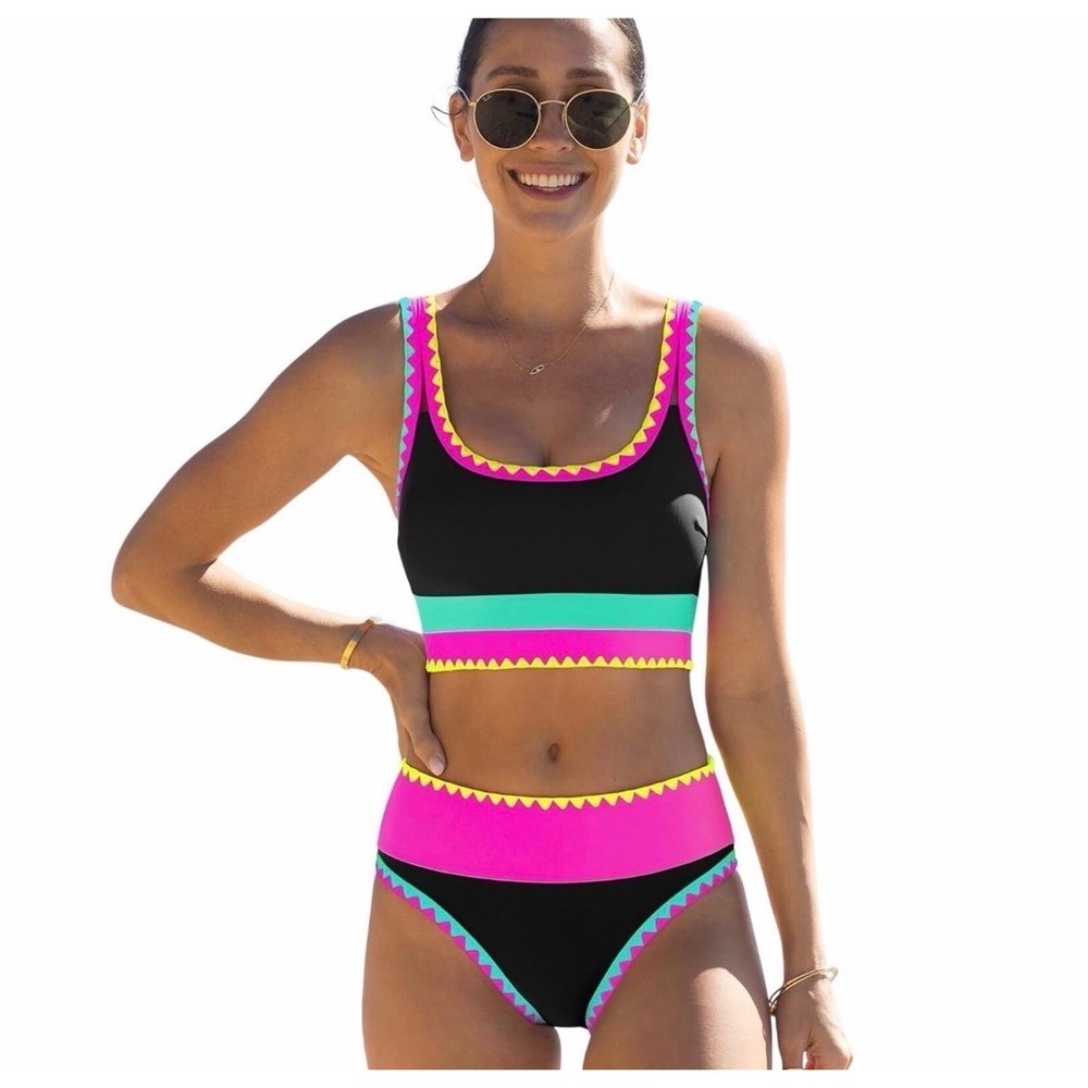 NWT Popvil Neon 3pc Bikini Set High Waist Tummy Control Skirt Black Pink Various - Picture 3 of 8